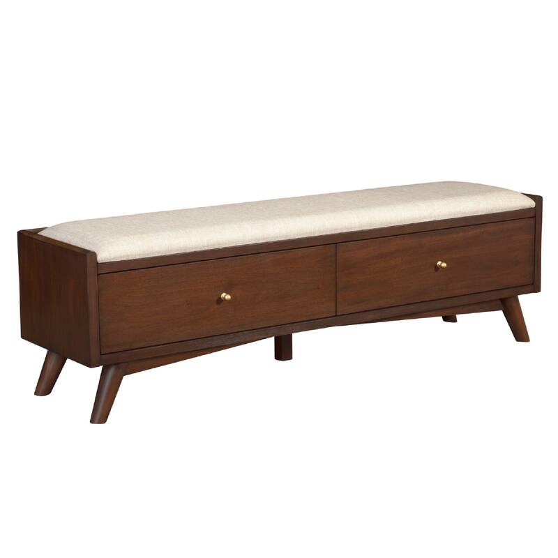 Ian 59 Inch 2 Drawer Accent Bench, Beige Seat, Mahogany Wood, Walnut Brown - Brown