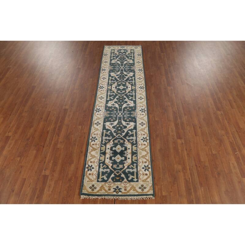 Handamde Green Oushak Oriental Runner Rug Hand-Knotted Wool Carpet - 2'7"x 9'8"