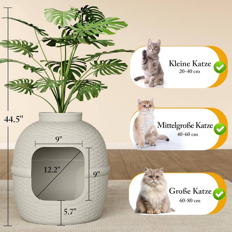 Hidden Litter Box with Faux Plant & Rattan Pattern, Large Cat Enclosure