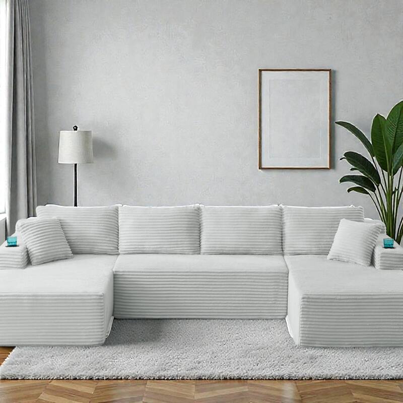 Compressible U-Shaped Modular Sectional Sofa, Corduroy Cloud Couch, 6-Seat Minimalist Living Room Sofa