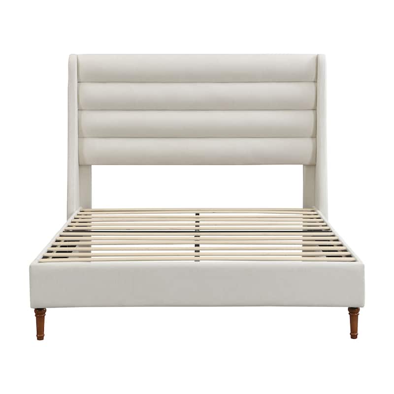 Queen Size Bed Frame High Headboard Upholstered Platform Bed with Wave - Shaped Headboard, Premium Chenille Fabric