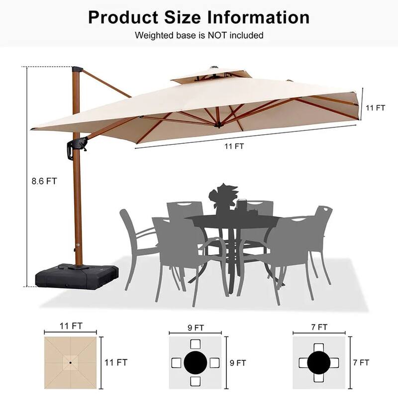 PURPLE LEAF 11ft Square outdoor cantilever Patio Umbrella wood colour