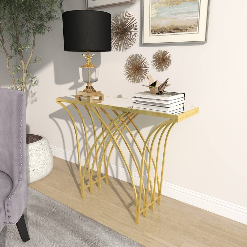 Gold Metal Geometric Console Table with Mirrored Glass Top