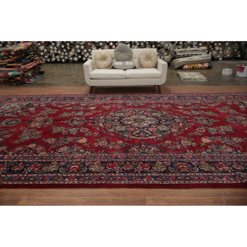 Hand Knotted Oriental 100% Wool Carpet Traditional Floral Red Shahbaft Area Rug - 18' 4'' X 9' 1''
