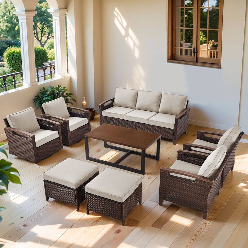 Pocassy Outdoor Brown Wicker Funitre with Cushion Set - Beige Cushion - Sofa with Chair Table Ottoman Set