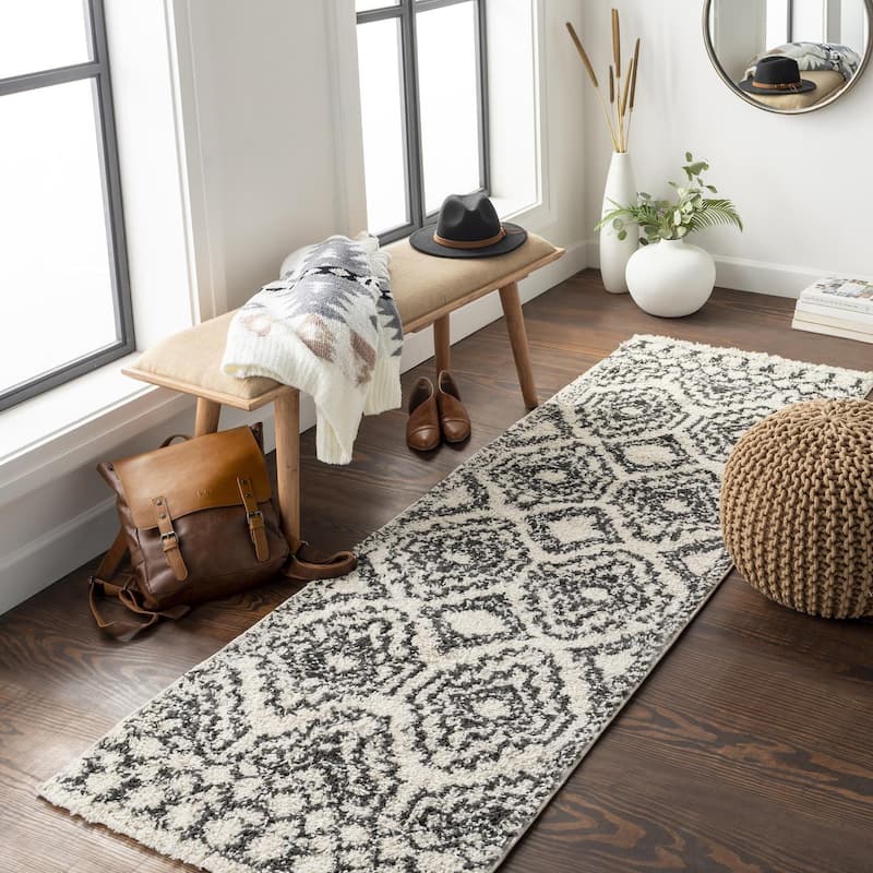 Livabliss Bohemian & Eclectic Beni Shag Tribal Area Rug - 2'7" x 7'3" - Cream/Grey