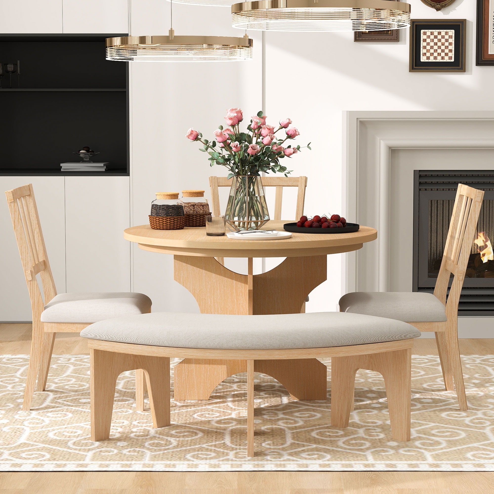 5-piece Round Dining Table Set with 3 Upholstered Chairs, Kitchen Table Set with Curved Bench for Dining Room