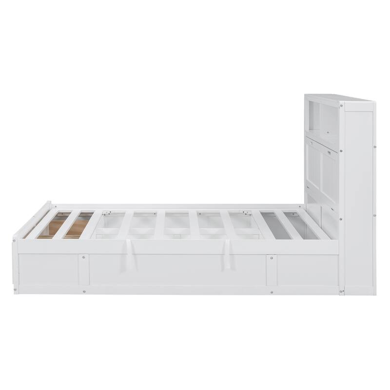 White Full Size Wooden Bed with LED Storage Headboard, Charging Station, and 2 Drawers