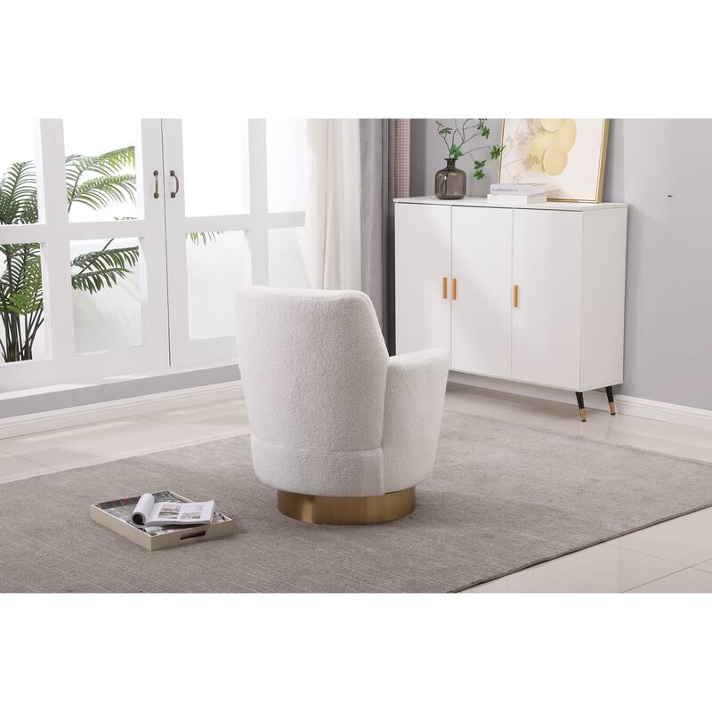 Ivory Faux Fur Modern 29.3" Upholstered Swivel Barrel Chair with Gold Stainless Steel Base