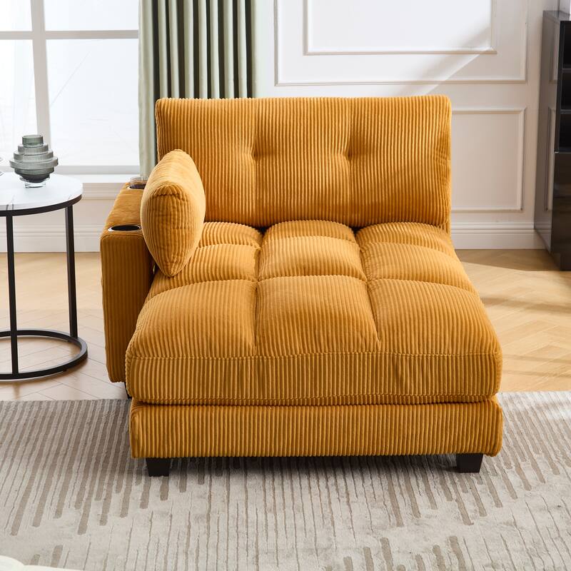 Oversized Corduroy Upholstered Single Chaise Lounge Sofa Couch Switchable Armrest with Cup Holders, USB Ports and Pockets