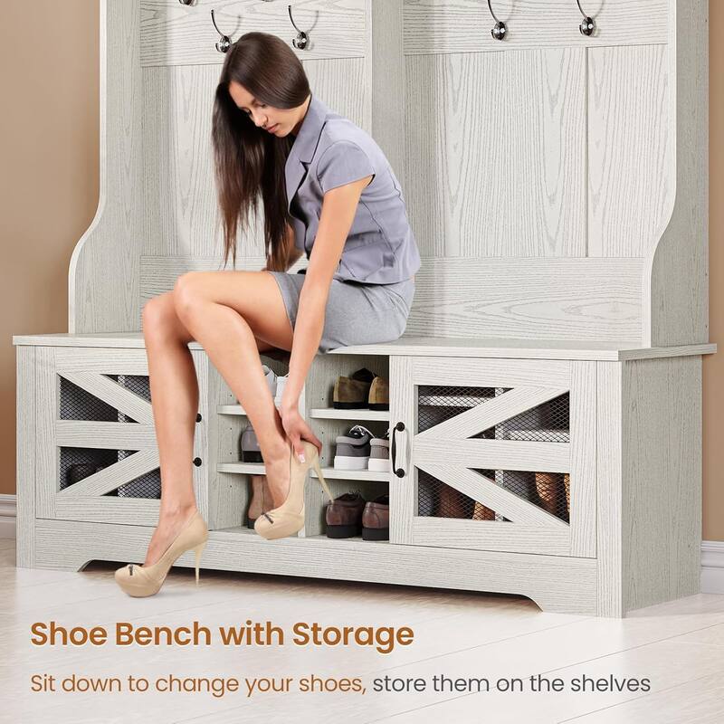 Hall Tree w/ Bench Shoe Storage Shoe Cubby Barn Door Adjustable Shelf