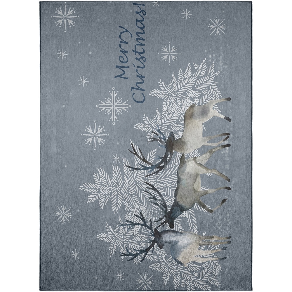 Indoor/ Outdoor Cozy Winter Gray Washable Reindeer Snowflakes Rug