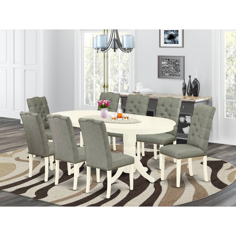 Baroque Dining Set - 9 Piece Table & Chairs - Linen White Finish - Round Butterfly Leaf Dinette Set - Solid Wood Construction
