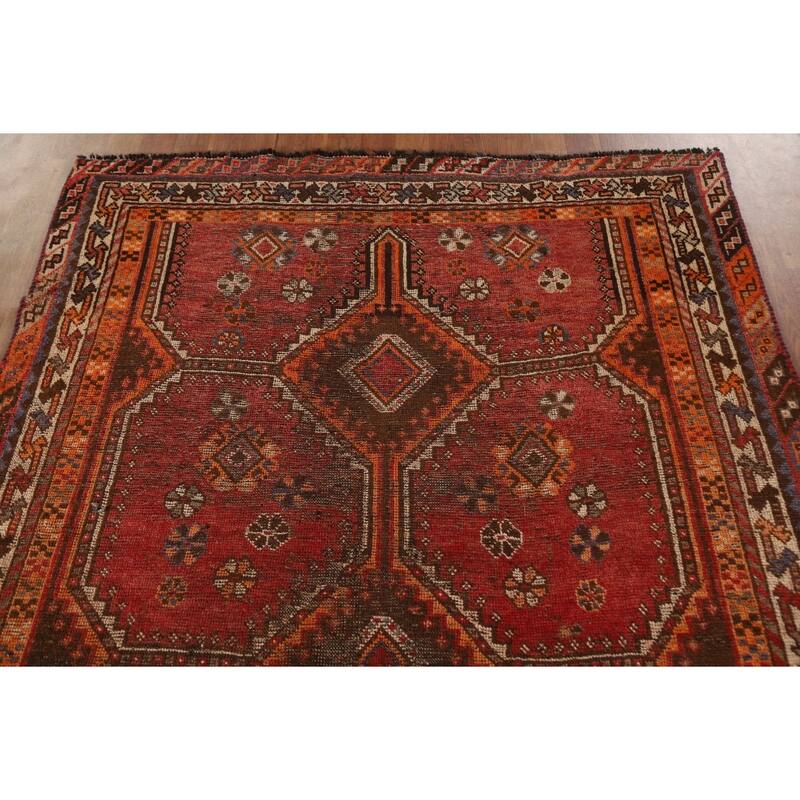Pre-1900 Antique Qashqai Persian Rug Vegetable Dye Wool Carpet - 5'1"x 7'7"