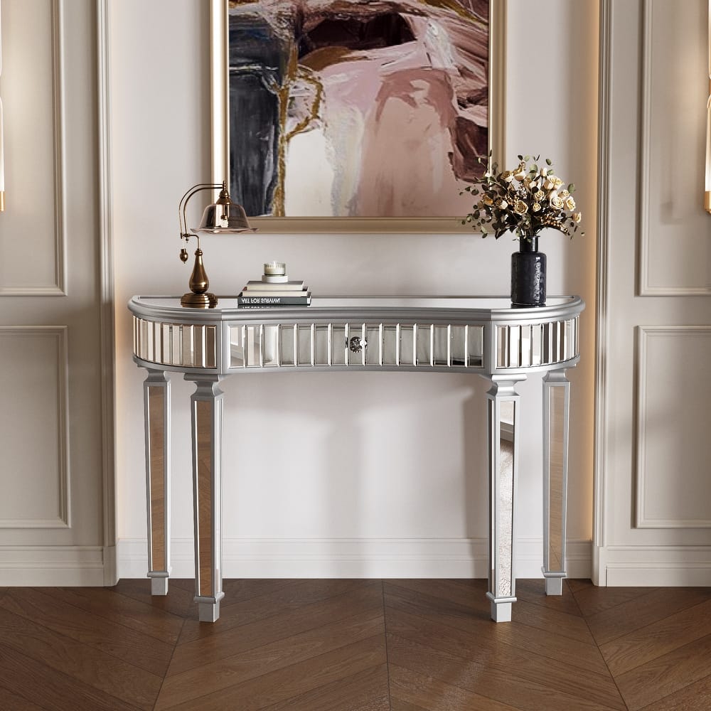 Half-Moon Entryway Table Mirrored Console Table Fluted Glass Vanity Desk with Curved Drawer and Crystal Knob for Living Room