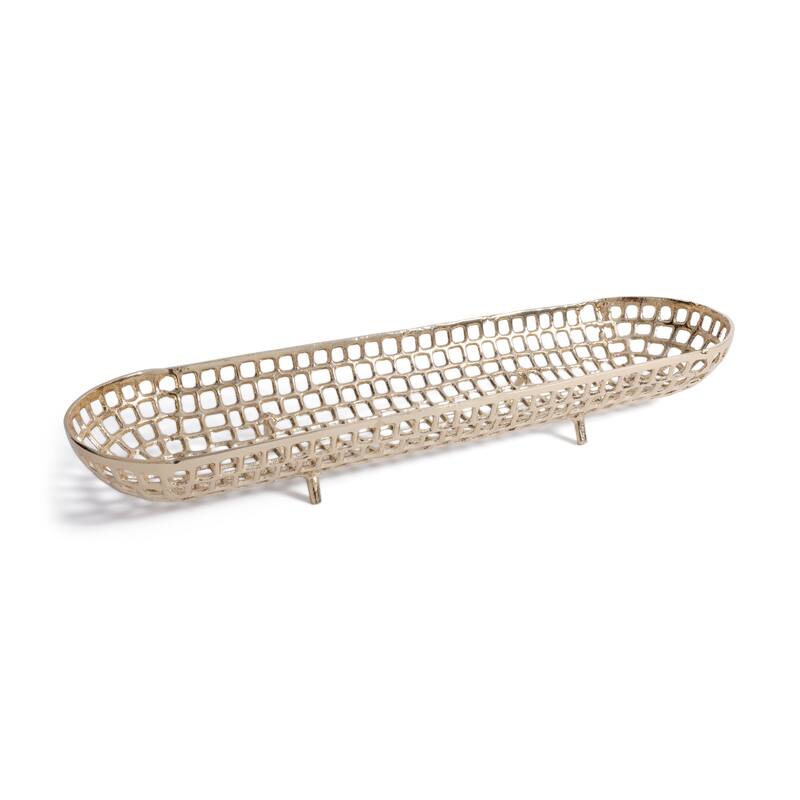 Reticolo Oval Gold Metal Decorative Footed Tray - 28"