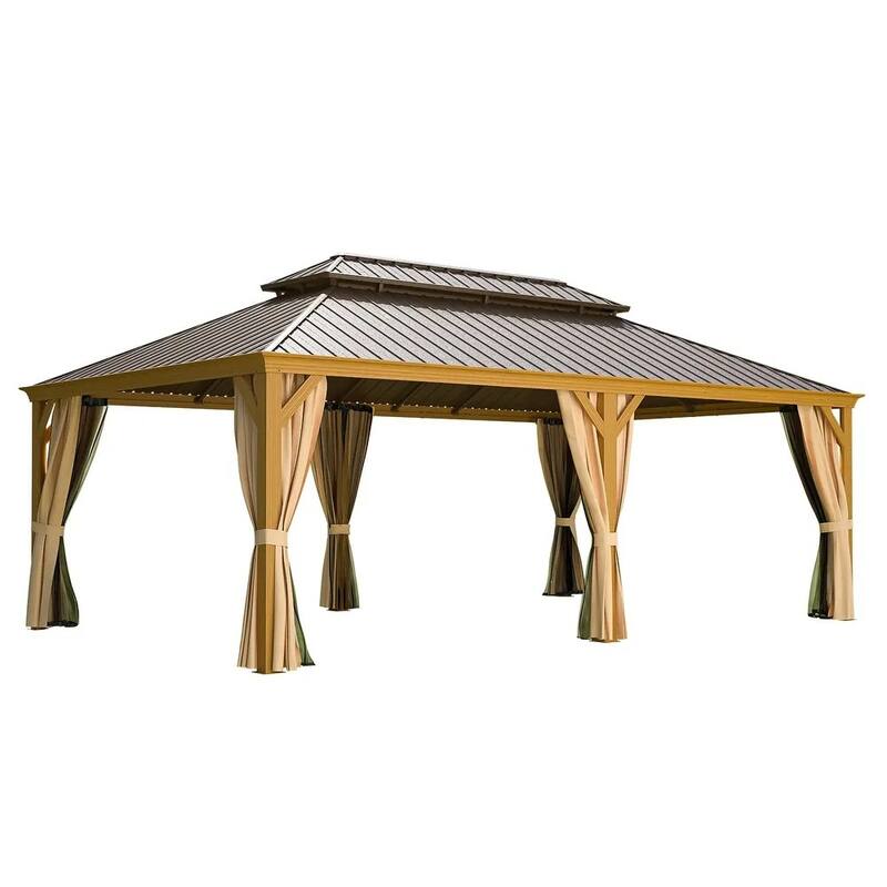 EROMMY 14x22 Outdoor Pergola Gazebo w Galvanized Steel Roof, Wood-Finished Aluminum Frame, and Included Curtains and Nettings