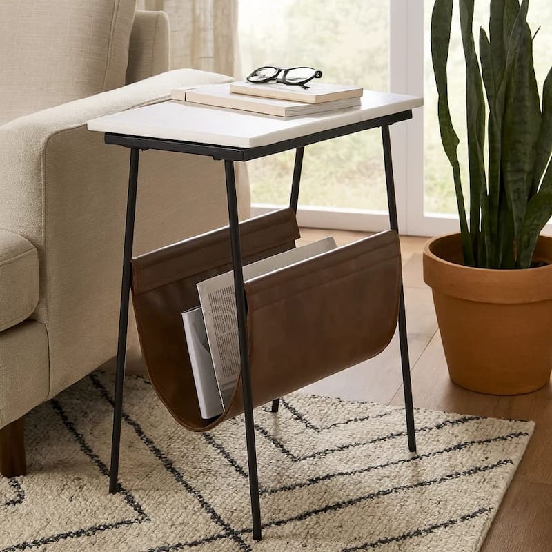 Marble Top Accent Table with Faux Leather Swing Holder, White and Brown