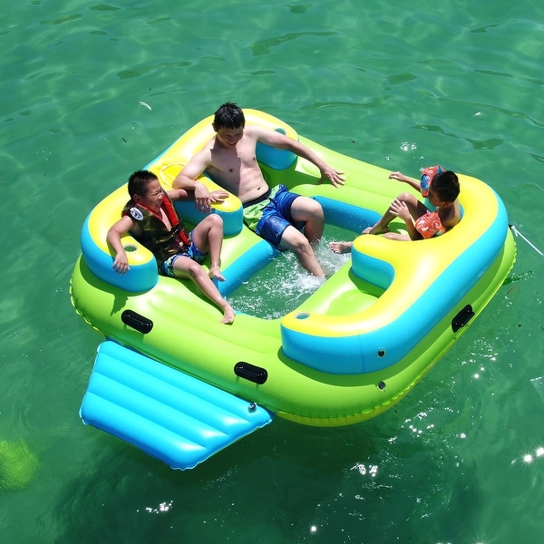 ALEKO Inflatable Floating Island Lounge Raft with Cup Holders and Coolers - 4 Person - Green with Blue, Yellow. Opens flyout.