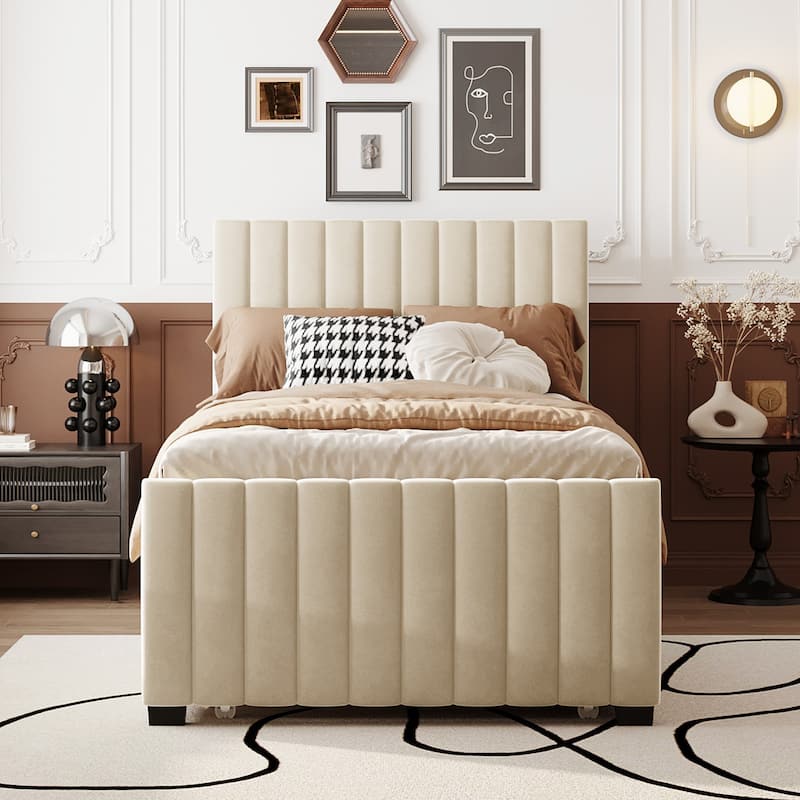 Twin Size Velvet Upholstered Platform Bed with Trundle, Beige