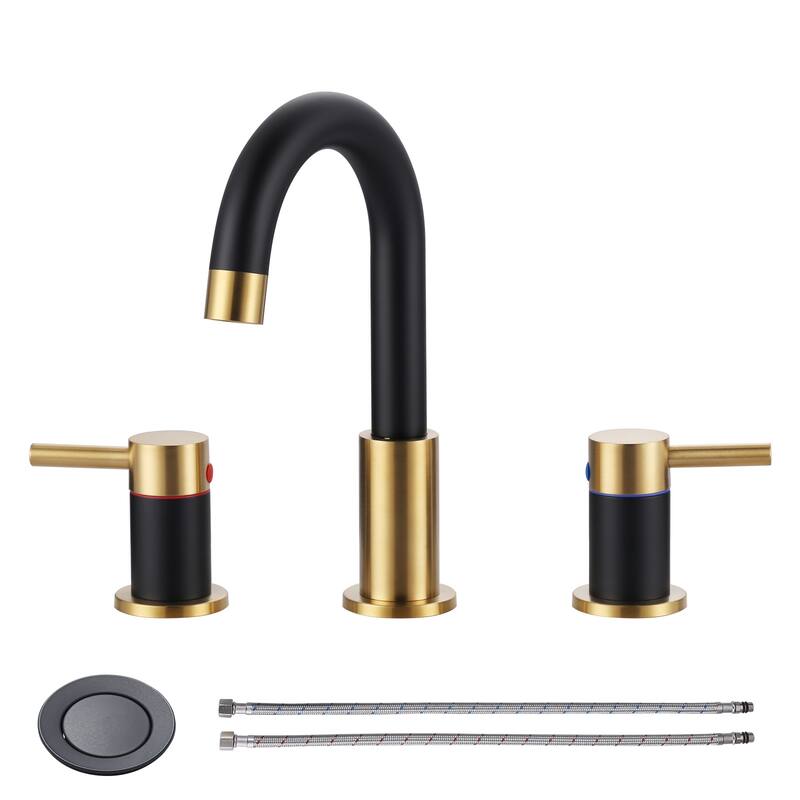 WOWOW Widespread 8 in. Double Handle Bathroom Faucet - Gold and Black