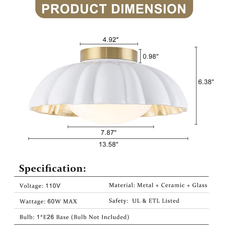 Dome Milky White Shade Flush Mount Ceiling Light with Gold Foil Interior - Dia.13.58-in