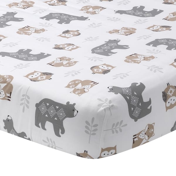 slide 2 of 6, Lambs & Ivy Woodland Forest White/Gray Animal 100% Cotton Baby Fitted Crib Sheet