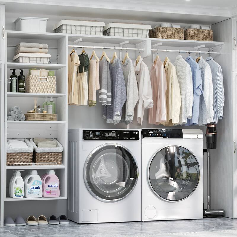 Cimly Over Washer and Dryer Storage Organizer, 8FT Wall Mounted Laundry Room Closet System with Hanging Rods - White
