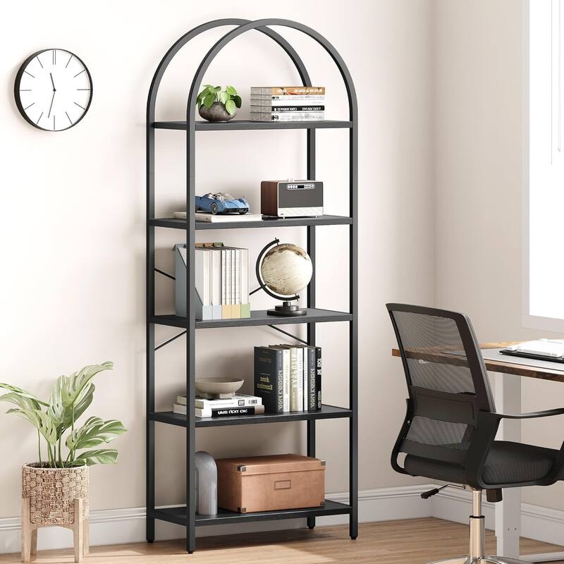 5-Tier Arched Bookshelf, Tall Wood Bookcase with Metal Frame, Modern Storage Rack for Living Room, Bedroom, or Home Office