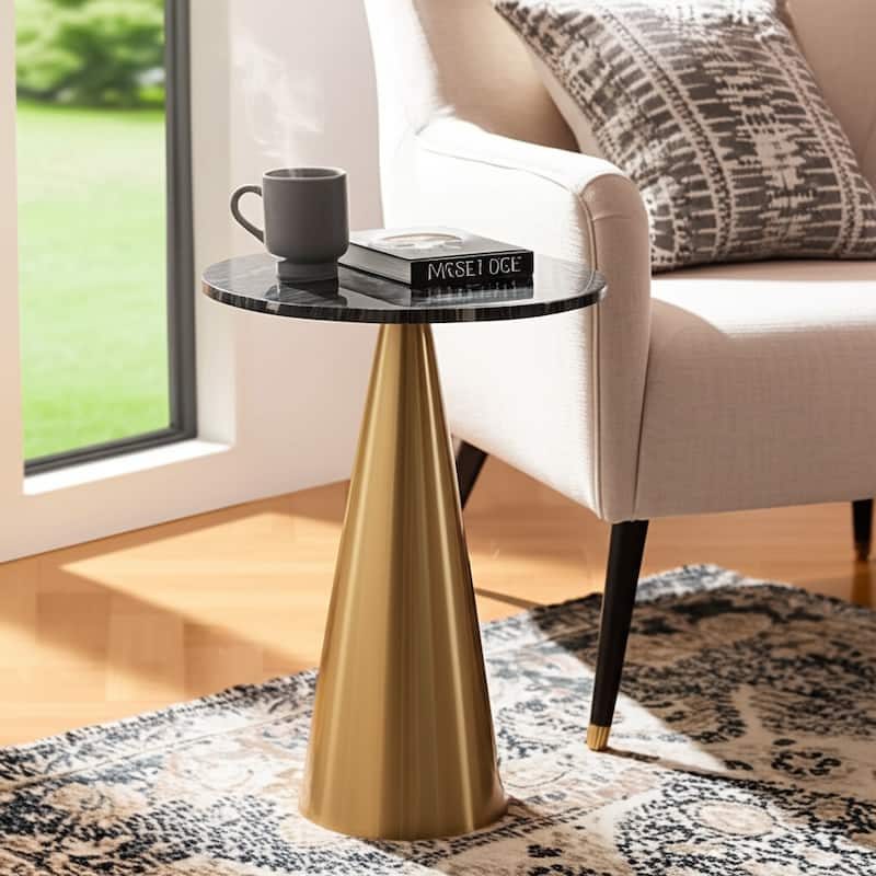 Marble Metal Side Table Round Top Sleek Narrow Base - 22" Grey - 22.25"