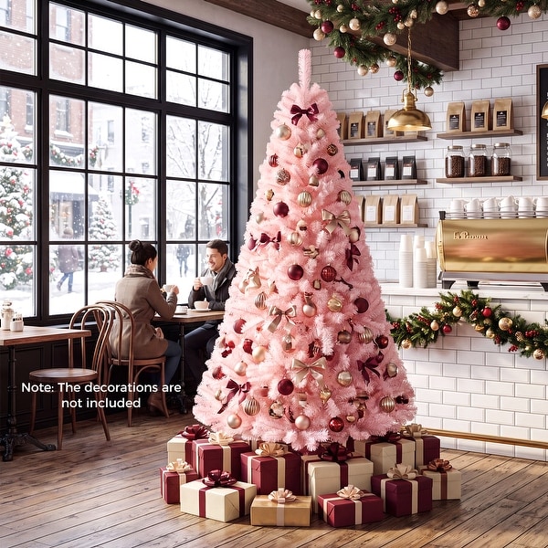 Gymax 6ft/ 7ft Pink Classic Pine Christmas Tree Artificial Hinged