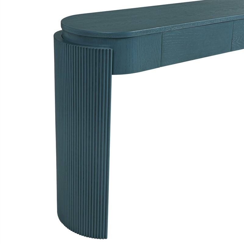 Modern Console Table with 2 Drawers and Oval Top, Entryway Table Sofa Table with Fluted Design and Natural Wood Grain Finish