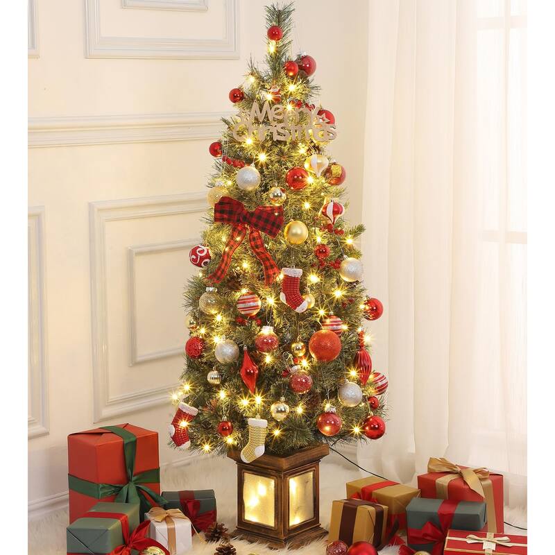 4.5FT Pre-Lit Christmas Tree Holiday Xmas Tree with Lighting Vintage Potted Base