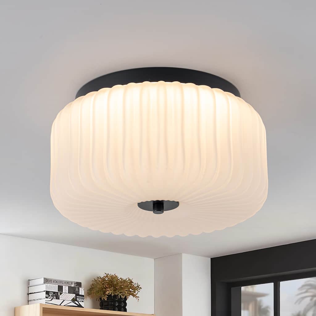 C Cattleya Black Flush Mount Ceiling Light with White Ribbed Glass