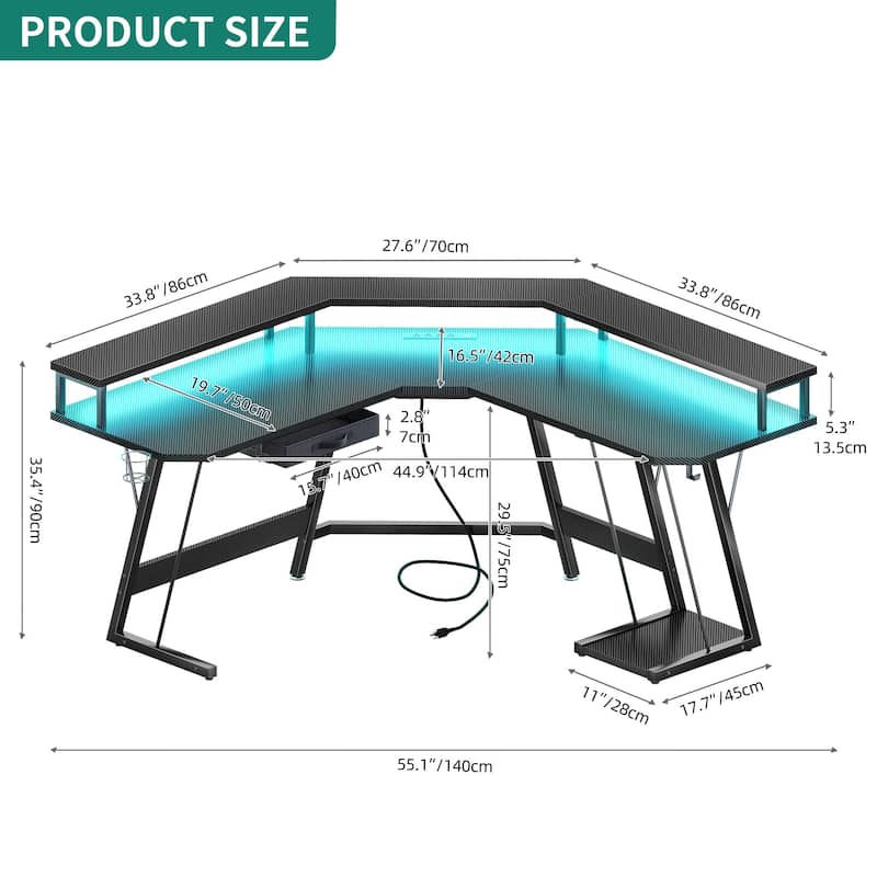 Moasis 56" L Shaped Gaming Computer Corner Desk with LED Lights and Power Outlet
