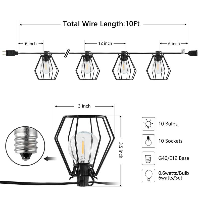 SAFAVIEH Lighting Aitana 10 Ft LED Outdoor String Lights - Black - 120Wx3Dx4H