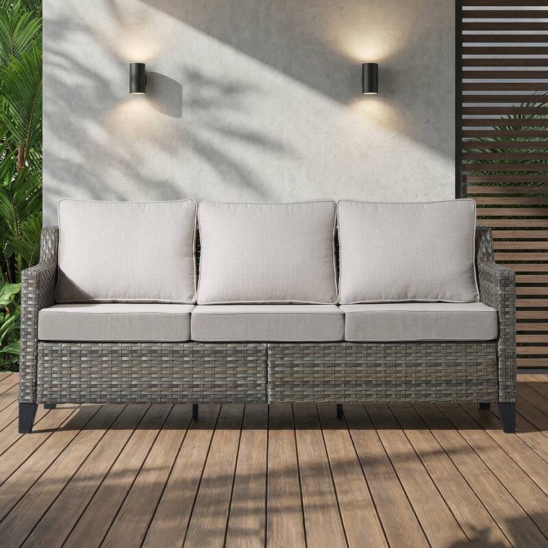 Meyreso Gray Wicker 3-Seat Patio Sofa with 4-Inch Thick Cushions