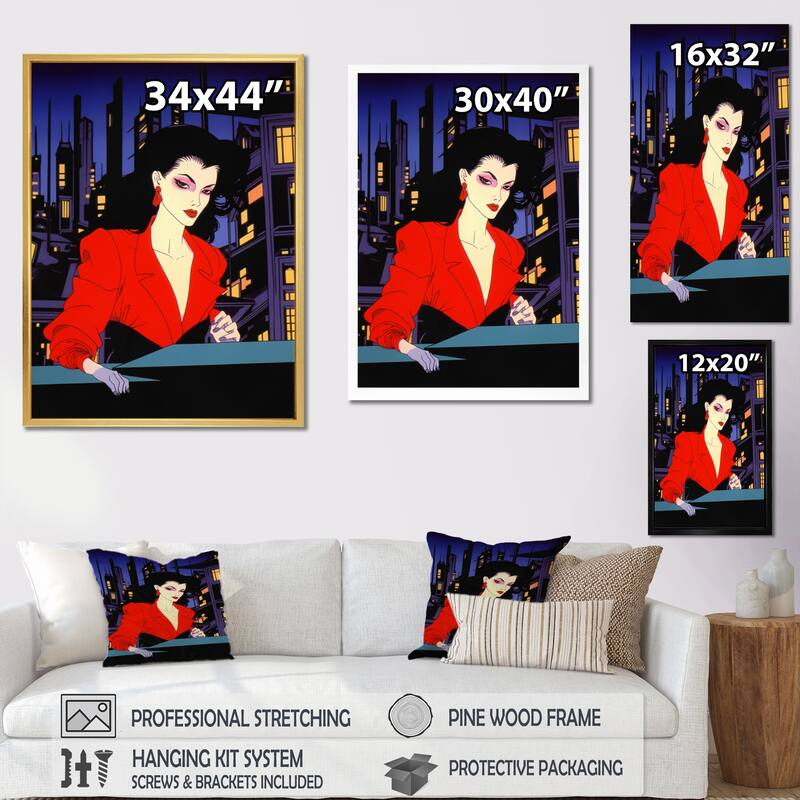 Designart "Pop Art Nightlife Diva I" Woman Pop Art Framed Wall Art Living Room