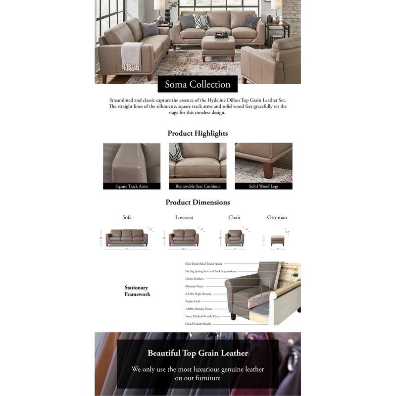 Hydeline Soma Top Grain Leather Loveseat With Feather, Memory Foam and Springs