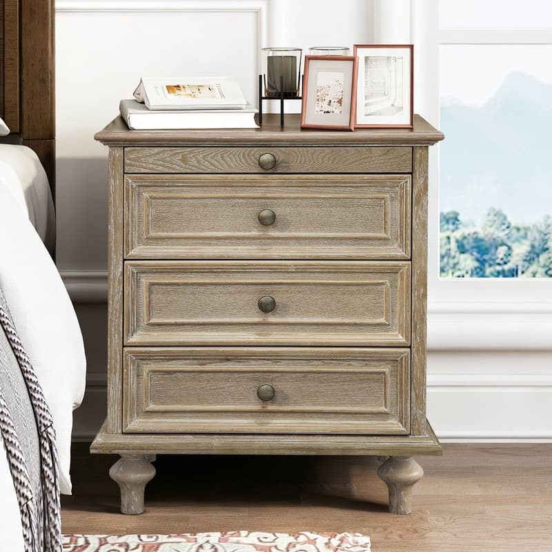 Traditional 3-Drawer Nightstands with Pull-Out Shelf and Solid Wood Legs - 1Piece-Natural