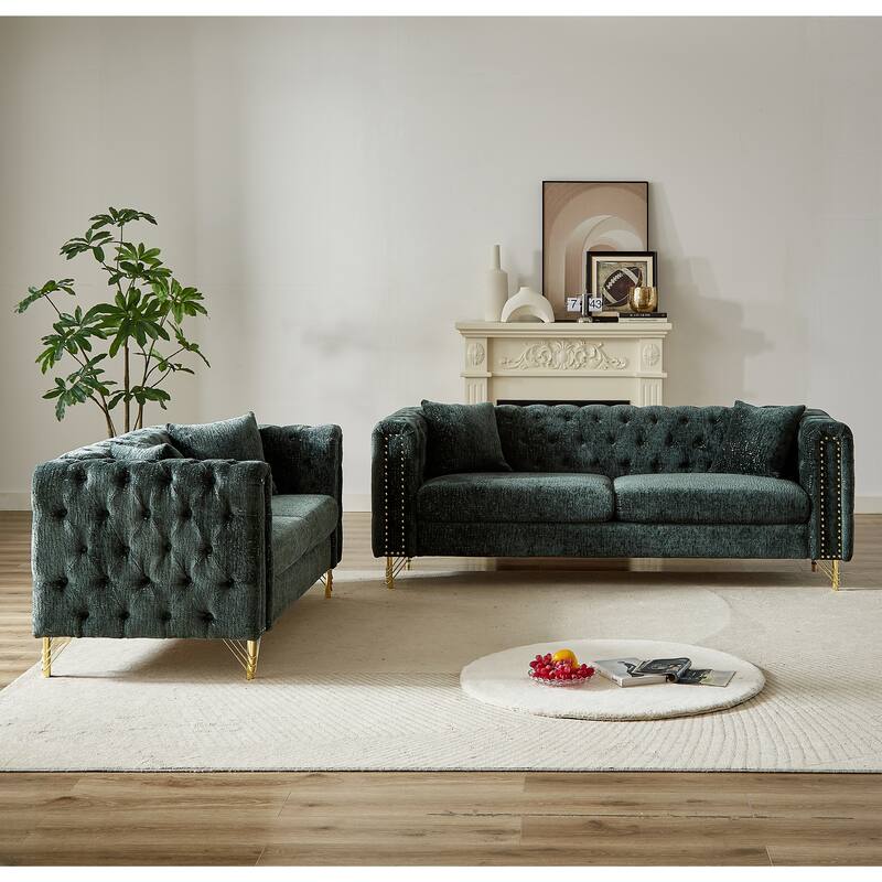 5-Seater Modern Chenille Sofa, Button Tufted with Metal Legs and Nailhead Trim