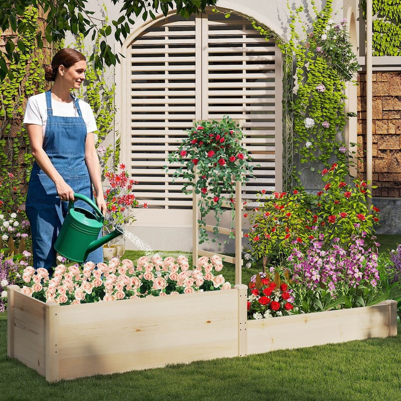Costway 87" Raised Garden Bed with Trellis 2 Planter Boxes Open-ended - Natural - See Details