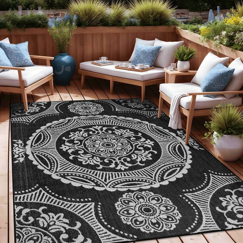 Beverly Rug Blue Medallion Indoor Outdoor Rug, Outside Carpet for Patio, Deck, Porch
