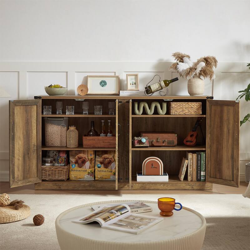 Rustic Faux Rattan Sideboard Adjustable Shelves Buffet Cabinet, Living Dining Room Accent Cabinet TV Cabinet Console Table, Oak