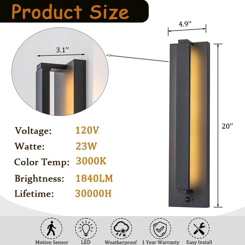 Modern Motion Sensor Outdoor Wall Light Integrated LED Wall Sconce Matte Black Iron Exterior Light Fixture for Porch Garage