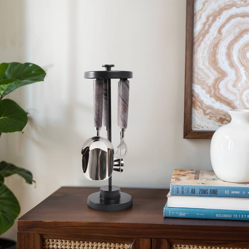 Metal Stone Utensil Display Decorative Sleek Stand Modern Accent - 4" x 4" x 13" - Black