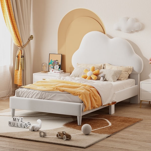 slide 2 of 36, Velvet Upholstered Bed with Cloud-Shape Headboard, Wood Platform Bed Frame for Boys Girls Easy Assembly, No Box Spring Needed Beige - Twin
