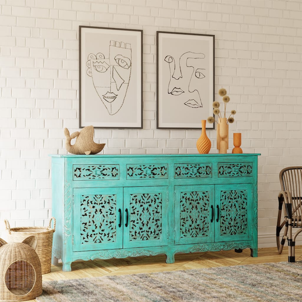 Maadze 71" Long Solid Wood 4 Door Carved Sideboard Buffet