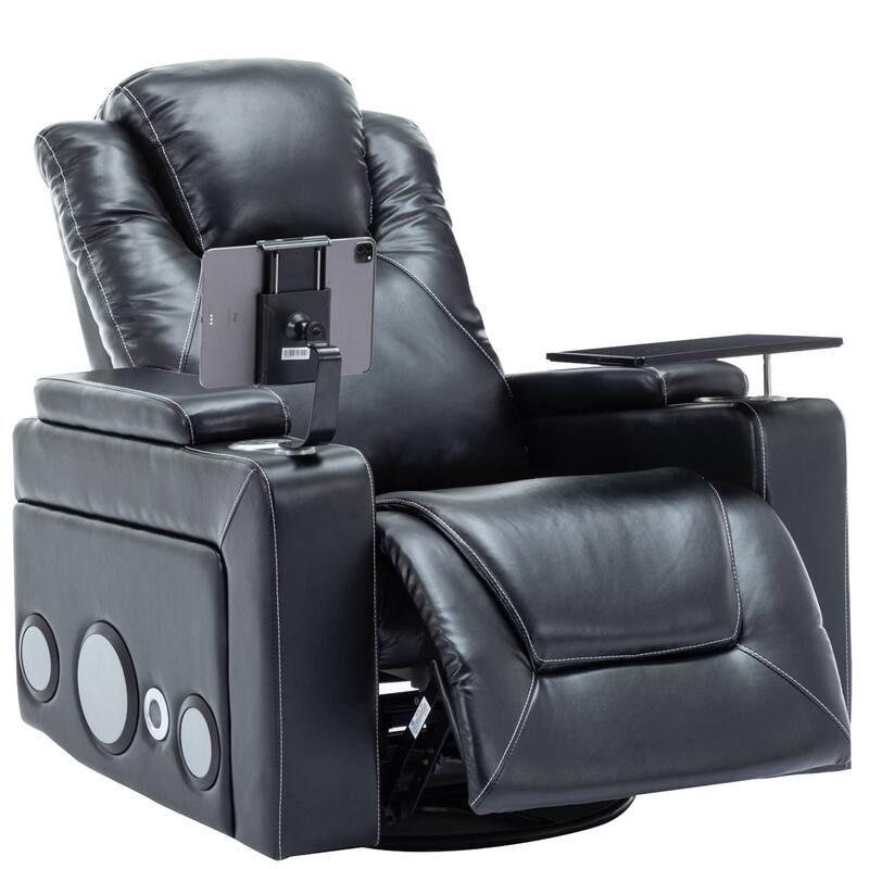 270 Degree Swivel PU Leather Power Recliner Individual Seat Home Theater Recliner with Surround Sound， Removable Tray Table