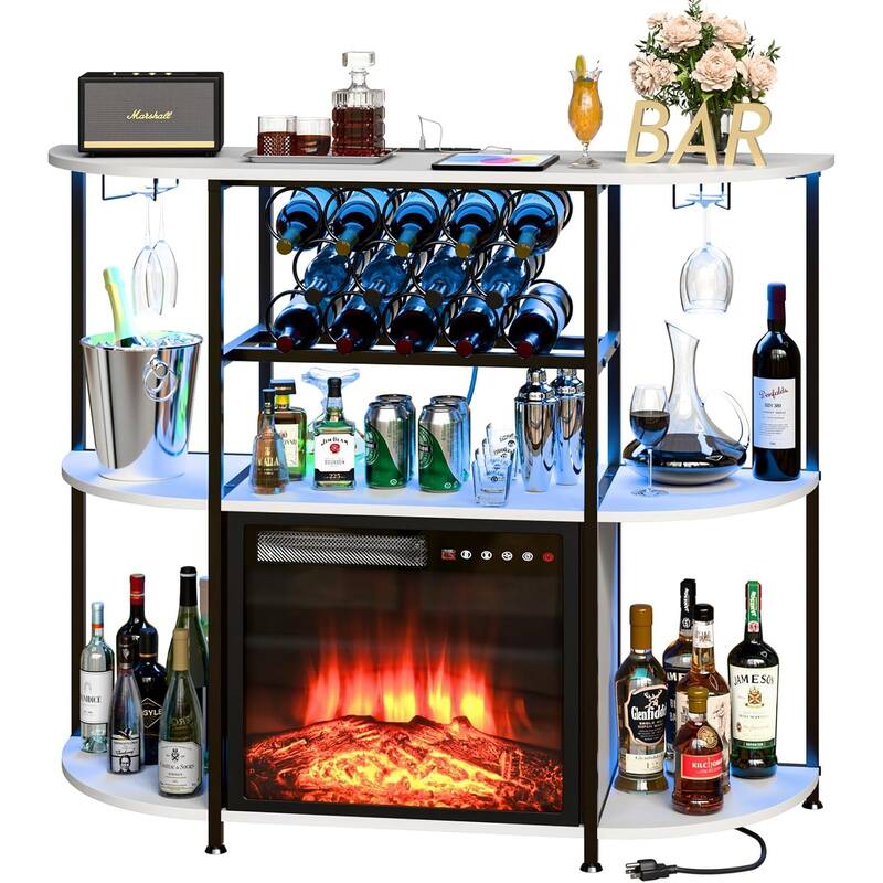BOSSIN Wine Rack with Power Outlet and LED Lights, Home Bar Table Cabinet for Liquor with Fireplace,4-Tier Storage Glass Holder - White - With the fireplace